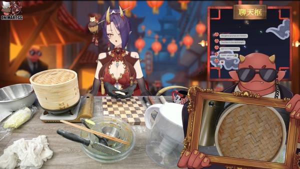 Using a blue screen, an anime avatar and her real hands (visible in black gloves at the far end of the countertop), VTuber o<em></em>niGiri prepares meals live in front of her o<em></em>nline community. | COURTESY OF GEEXPLUS