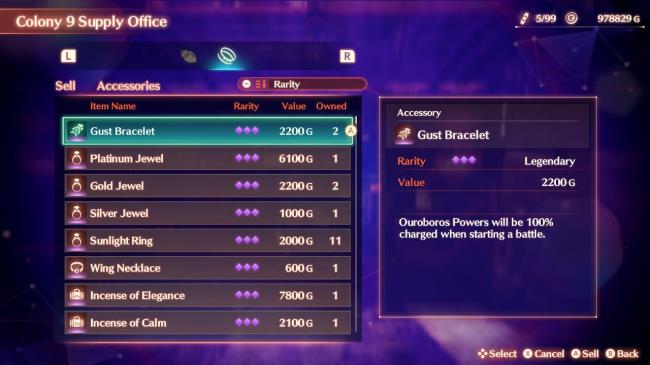 The screen where players can sell their accessories in Xenoblade Chro<em></em>nicles 3: Future Redeemed.