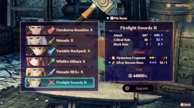 The weapon upgrade screen, highlighting the requirements for Rex's Firelight Swords 10 in Xenoblade Chro<em></em>nicles 3: Future Redeemed.