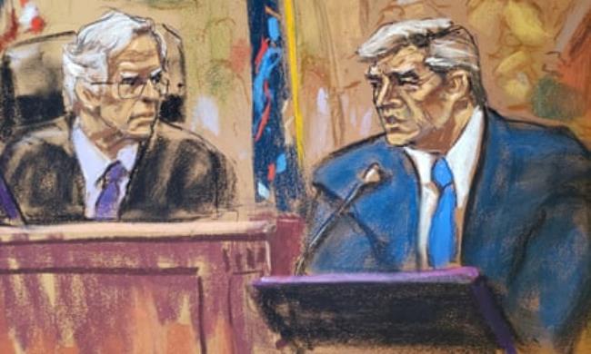 Judge Arthur Engoron and Do<em></em>nald Trump as seen in a courtroom sketch from 25 October.