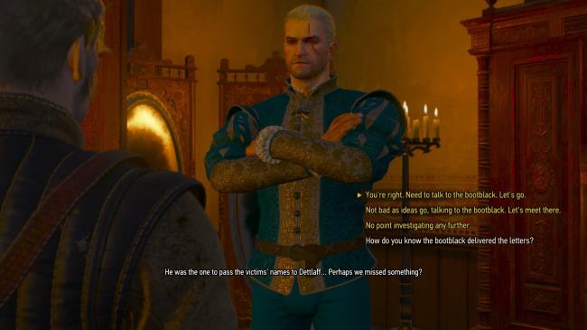 A screenshot of The Witcher 3's dialogue menu with decisions a<em></em>bout a bootblack displayed.