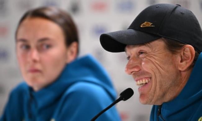 Australian coach Tony Gustavsson, with star Caitlin Foord, speaks to media a<em></em>bout Australia’s World Cup clash with Denmark on Monday.