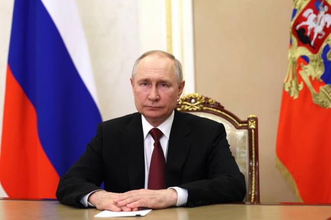 In this handout photo released by Russian Presidential Press Service on Monday, June 26, 2023, Russian President Vladimir Putin Video address to the participants and guests of the 11th Internatio<em></em>nal Youth Industrial Forum "Engineers of the Future 2023" n Moscow, Russia, (Russian Presidential Press Service via AP)