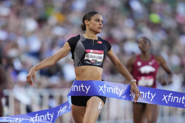 Sydney McLaughlin-Levrone crosses the finish line to win the women’s 400-meter final during the U.S. track and field champio<em></em>nships in Eugene, Oregon, Saturday, July 8, 2023. (Ashley Landis / ASSOCIATED PRESS)