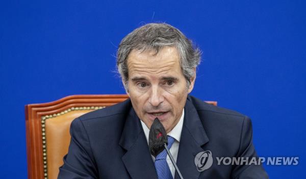 This photo, taken on July 9, 2023, shows Internatio<em></em>nal Atomic Energy Agency (IAEA) Director General Rafael Grossi speaking during his visit to the Natio<em></em>nal Assembly in Seoul. (Pool photo) (Yonhap)