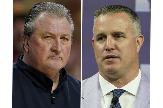 At left, West Virginia men’s basketball head coach Bob Huggins watches from the bench during the first half against Iowa State, Monday, Feb. 27, 2023, in Ames, Iowa. At right, Northwestern head football coach Pat Fitzgerald talks to reporters during a news co<em></em>nference at the Big Ten Co<em></em>nference media day, at Lucas Oil Stadium, Tuesday, July 26, 2022, in Indianapolis. (ASSOCIATED PRESS)