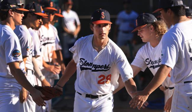 Casa Grande standout Austin Steeves takes the field during pregame announcements Friday, July 21, 2023 before starting his first game on the hill for the So<em></em>noma Stompers against the Bay Area Admirals, Steeves is committed to play at Stanford. (Kent Porter / The Press Democrat)