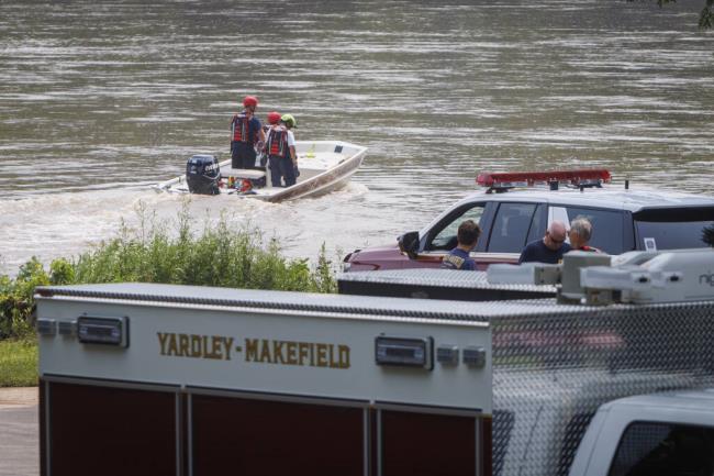 FILE - Yardley Makefield Marine Rescue leaves the Yardley boat ramp heading down the Delaware River on  July 17, 2023, in Yardley, Pa. The family of a 2-year-old girl swept away along with another child by a flash flood that engulfed their vehicle on a Pennsylvania road is expressing gratitude at the discovery of a body believed to be hers.  The body was found early Friday, July 22,  in the Delaware River near a Philadelphia wastewater treatment plant a<em></em>bout 30 miles (50 kilometers) from where Matilda Sheils was carried away, authorities said Friday night. (Alejandro A. Alvarez/The Philadelphia Inquirer via AP, File)