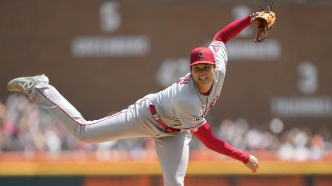 Los Angeles Angels pitcher Shohei Ohtani throws against the Detroit Tigers in the fourth inning during the first ba<em></em>seball game of a doubleheader, Thursday, July 27, 2023, in Detroit. (AP Photo/Paul Sancya)