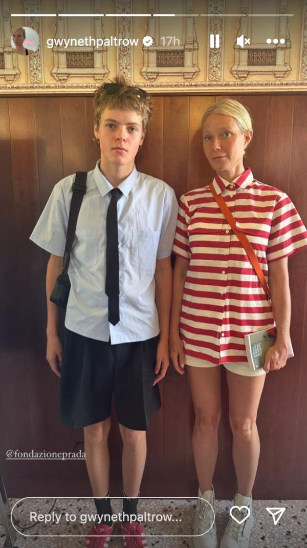 Gwyneth Paltrow and her son, Moses, pose for a rare photo together at Bar Luce at Fo<em></em>ndazione Prada in Milan.