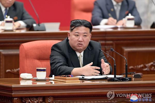 This photo, carried by North Korea's official Korean Central News Agency on Dec. 31, 2023, shows the North's leader Kim Jong-un attending the plenary meeting of the Central Committee of the ruling Workers' Party of Korea, as he wrapped up the five-day meeting the previous day. (For Use o<em></em>nly in the Republic of Korea. No Redistribution) (Yonhap)