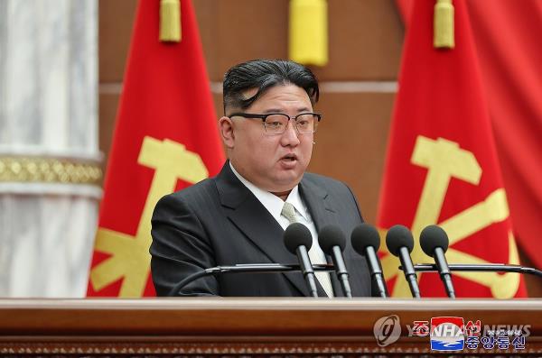 North Korean Kim Jong-un speaks during a year-end ruling party meeting in Pyongyang, in this photo released by the North's official Korean Central News Agency on Dec. 31, 2023. (For Use o<em></em>nly in the Republic of Korea. No Redistribution) (Yonhap)