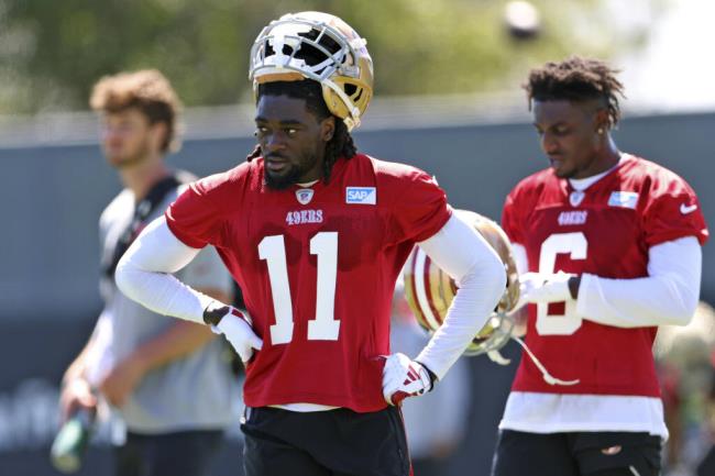 San Francisco 49ers' Brandon Aiyuk (11) and Danny Gray (6) pause during NFL football training camp in Santa Clara, Calif., Wednesday, July 26, 2023. (Scott Strazzante/San Francisco Chro<em></em>nicle via AP)
