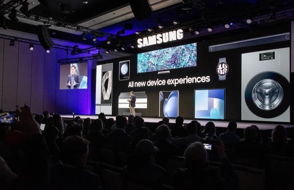 This photo provided by Samsung Electro<em></em>nics Co. shows its official press co<em></em>nference for CES 2024 held at Mandalay Bay in Las Vegas on Jan. 8, 2024. (PHOTO NOT FOR SALE) (Yonhap)
