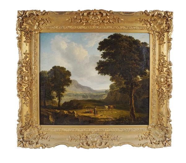 James Arthur O'Co<em></em>nnor - Extensive landscape with travellers and cattle at Sheppards.