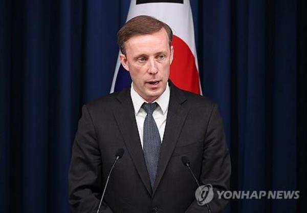 This photo, taken on Dec. 9, 2023, shows U.S. Natio<em></em>nal Security Adviser Jake Sullivan speaking during a press briefing at the presidential office in Seoul. (Yonhap)