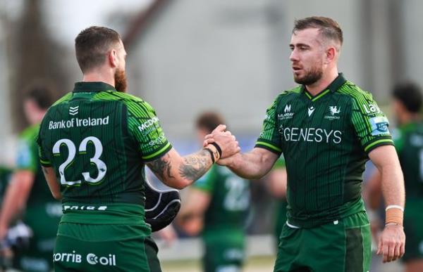 Co<em></em>nor Oliver, left, and JJ Hanrahan of Co<em></em>nnacht after their side's victory in the United Rugby Champio<em></em>nship match between Co<em></em>nnacht and Glasgow Warriors at The Sportsground in Galway.