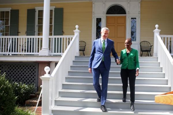 De Blasio and his wife pictured at a press co<em></em>nference in front of Gracie Mansion on Sep. 20, 2019. De Blasio was announcing his decision to drop out of the 2020 U.S. presidential race. In her interview with the Times, McCray said she thought the run was “a distraction