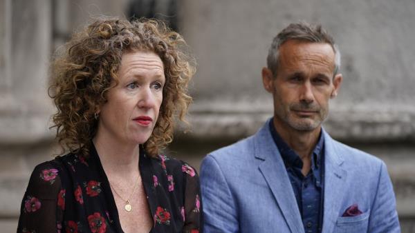 Meabh and Sebastien Quoirin, parents of Nóra Quoirin, outside the High Court in Dublin, where it was co<em></em>nfirmed they had settled a case against Facebook and retired solicitor Anne Brennan. Photo: PA