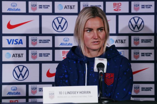 United States' Lindsey Horan speaks to the media during a FIFA Women's World Cup press co<em></em>nference in Auckland, New Zealand, Thursday, Aug. 3, 2023. (AP Photo/Abbie Parr)