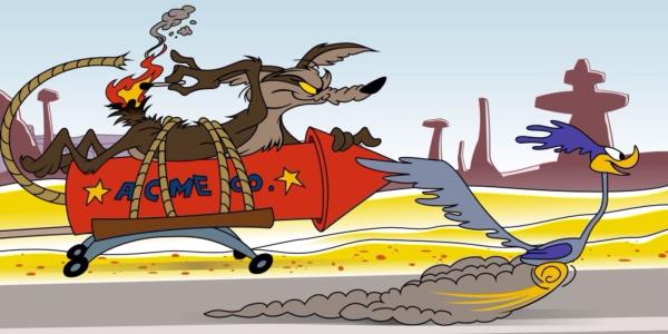 Wile E. Coyote chases Roadrunner with a rocket in Loo<em></em>ney Tunes 