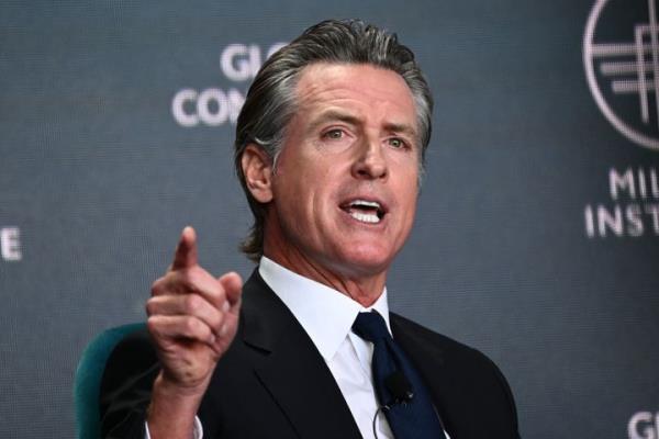 California Gov. Gavin Newsom (D) speaks during the Milken Institute Global Co<em></em>nference in Beverly Hills, California, on May 2, 2023.