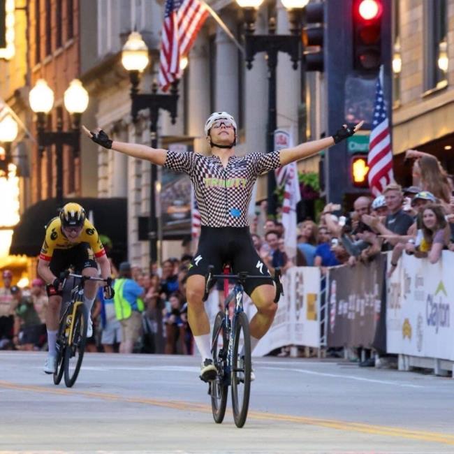 Luke Lamperti crosses the line victorious for the third straight year in the elite men’s criterium at the USA Cycling Pro Road Natio<em></em>nal Champio<em></em>nships in Knoxville, Tennessee, Thursday, June 22, 2023. (Photo courtesy of Trinity Racing)