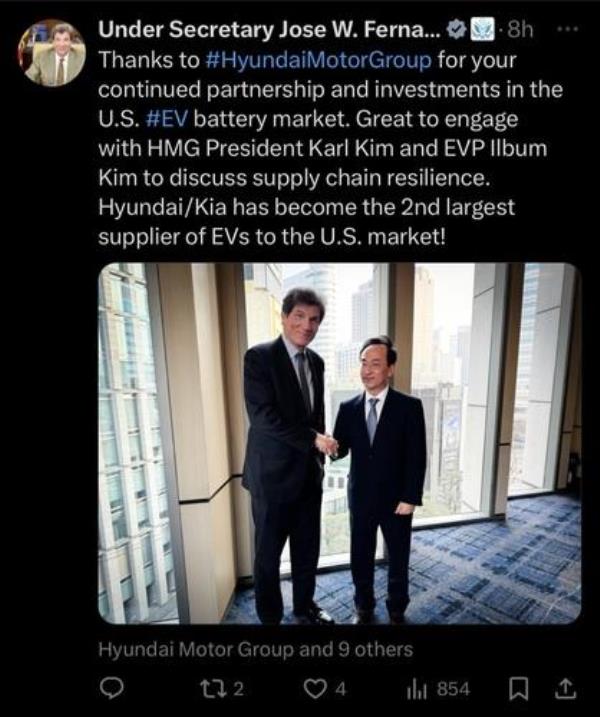 This screenshot taken from X on Feb. 2, 2024, shows a post shared by Jose Fernandez, under secretary of state for eco<em></em>nomic growth, energy and the environment, on his recent meeting with South Korean businesspeople in Seoul. (PHOTO NOT FOR SALE) (Yonhap)
