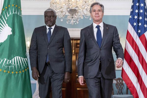 Secretary of State Antony Bl<em></em>inken, right, meets with African Union Chairperson Moussa Faki Mahamat, Wednesday, Nov. 1, 2023, at the State Department in Washington. Picture: AP Photo/Jacquelyn Martin