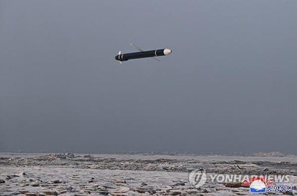 This photo, released by North Korea's official Korean Central News Agency on Jan. 31, 2024, shows a Hwasal-2 strategic cruise missile in flight off its west coast the previous day. (For Use o<em></em>nly in the Republic of Korea. No Redistribution) (Yonhap)