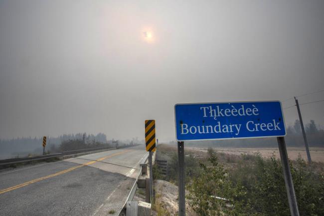 Wildfire smoke fills the air at Boundary Creek, Northwest Territories a<em></em>bout 15 miles (25km)  east of Yellowknife, Tuesday Aug. 15 2023. Members of the Canadian Armed Forces were set to mobilize in the Northwest Territories on Tuesday, as wildfires threatened communities including the territorial capital, and hundreds of people were airlifted to safety. (Bill Braden/The Canadian Press via AP)
