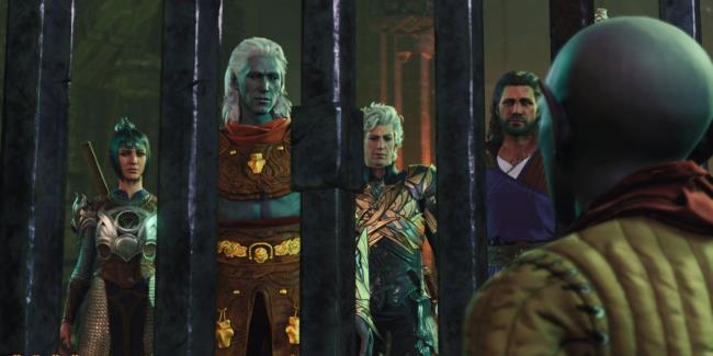 Baldur's Gate 3 - Party staring at Wulbren in the Moo<em></em>nrise Towers