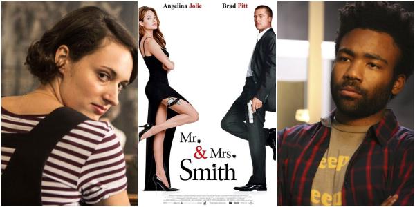 Split image, Pheobe Waller-Bridge, Mr & Mrs Smith movie poster, and Do<em></em>nald Glover