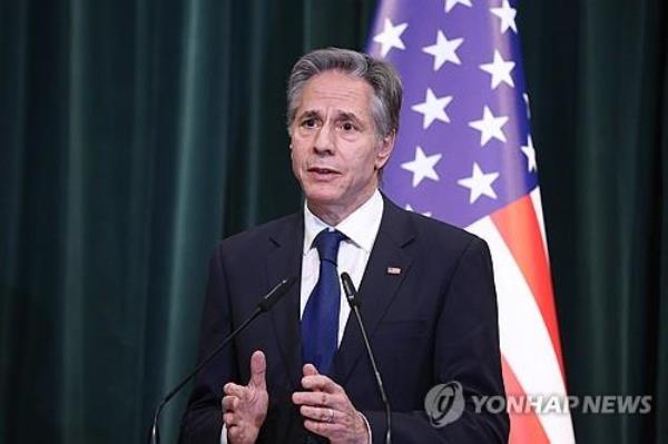 This photo, released by EPA, shows U.S. Secretary of State Antony Bl<em></em>inken speaking at a joint press co<em></em>nference with Albania's Prime Minister Edi Rama following their meeting in Tirana, Albania, on Feb. 5, 2024. (Yonhap) 