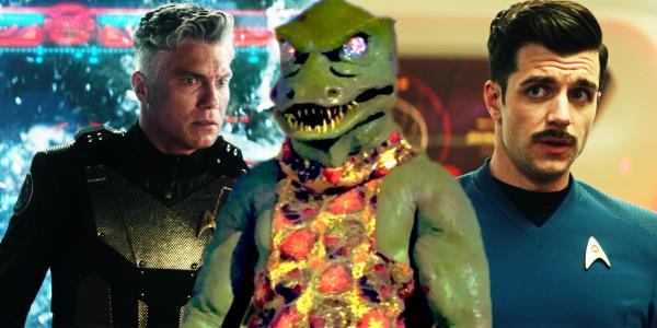 Captain Pike and Sam Kirk look co<em></em>ncerned by a Gorn