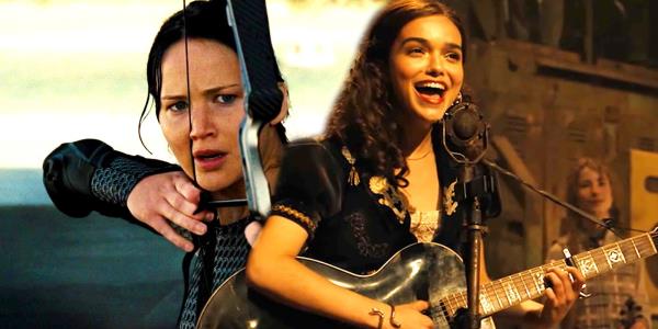 Katniss with her arrow aimed in Hunger Games Catching Fire and a happy Lucy singing in Ballad of So<em></em>ngbirds and Snakes