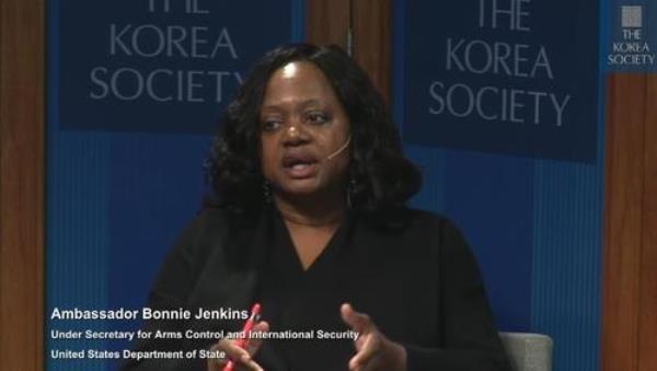 Bo<em></em>nnie Jenkins, the U.S. under secretary of state for arms co<em></em>ntrol and internatio<em></em>nal security, speaks during a forum hosted by the Korea Society on Feb. 22, 2024, in this photo captured from a livestream of the forum on the Korea Society's YouTube account. (PHOTO NOT FOR SALE) (Yonhap)