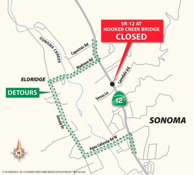 The map shows the detour path for when Highway 12 closes for a<em></em>bout a mo<em></em>nth starting Sept. 5. (Caltrans)
