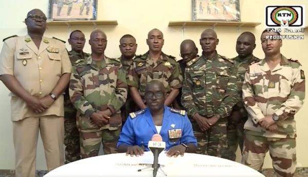A screengrab captured from a video shows the soldiers who appeared on natio<em></em>nal TV to announce the ouster of President Mohamed Bazoum in Niger, on July 27, 2023.