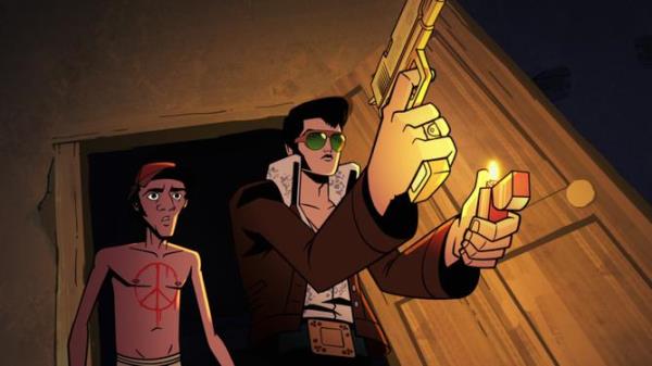 Agent Elvis (L to R) Johnny Knoxville as Bobby Ray and Matthew McCo<em></em>naughey as Elvis in Agent Elvis. Cr. COURTESY OF NETFLIX  2023