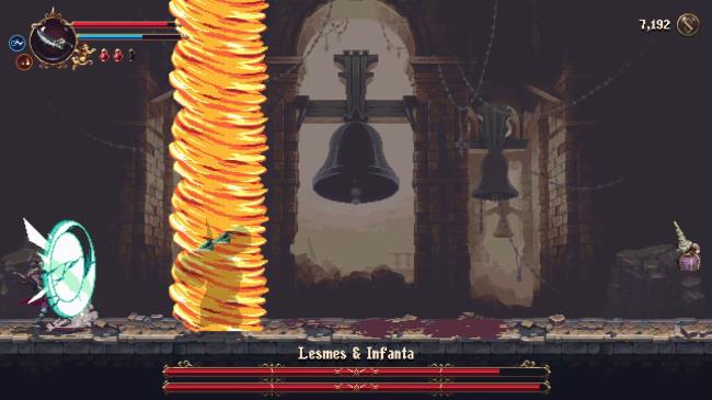 The Penitent One Guarding against Infanta's Fury Spikes while Lesme's creates their Flame Cyclo<em></em>nes in Blasphemous 2