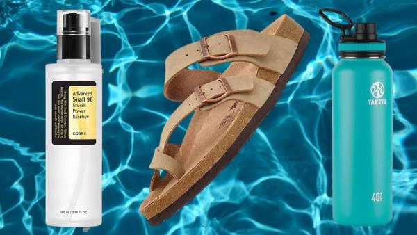 Cosrx snail mucin serum, Cushio<em></em>naire sandals and Takeya water bottle