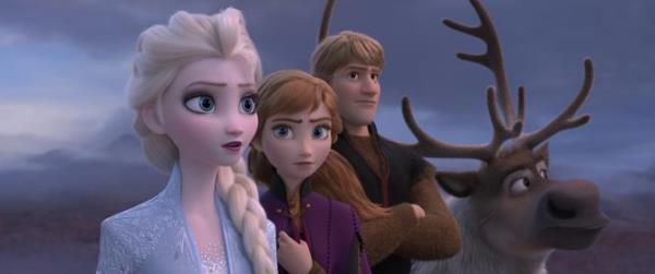 This image released by Disney shows Elsa, voiced by Idina Menzel, from left, Anna, voiced by Kristen Bell, Kristoff, voiced by Jo<em></em>nathan Groff and Sven in a scene from 