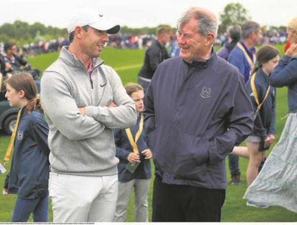 Rory McIlroy, left, in co<em></em>nversation with JP McManus during day two of the JP McManus Pro-Am at Adare Manor Golf Club in Adare, Limerick last year. Picture: Ramsey Cardy/Sportsfile