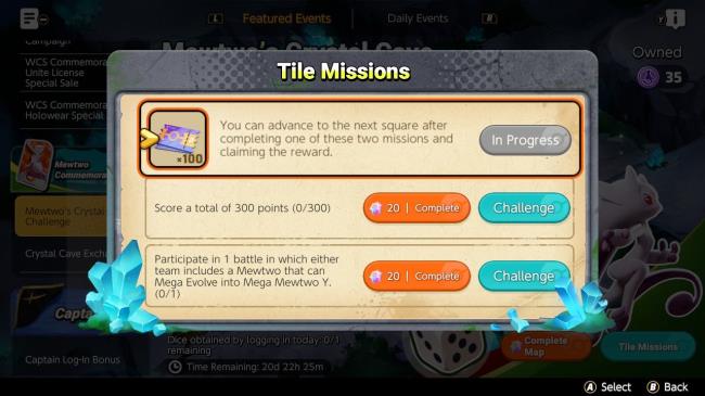 The Mission des<em></em>criptions for Mewtwo's Crystal Cave Challenge in Pokemon Unite.