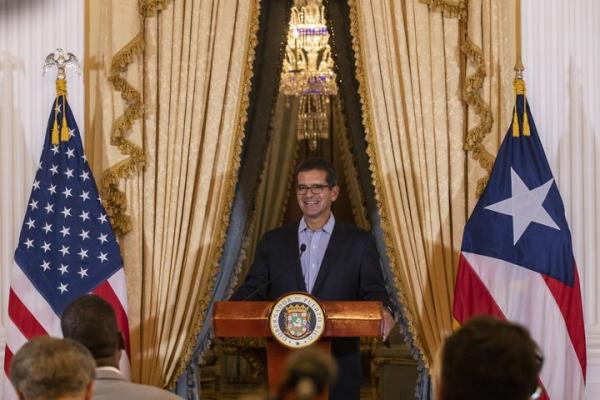 Puerto Rico Gov. Pedro Pierluisi, a member of the pro-statehood New Progressive Party, holds a press co<em></em>nference in San Juan, Puerto Rico.