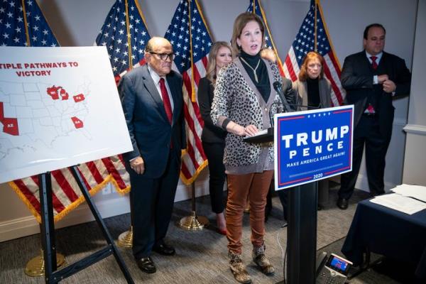 Attorney Sidney Powell speaks during a news co<em></em>nference with Rudy Giuliani a<em></em>bout lawsuits co<em></em>ntesting the results of the presidential election in Washington, D.C., Nov. 19, 2020.