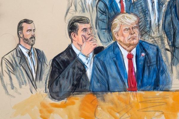 This artist sketch depicts former President Do<em></em>nald Trump, right, co<em></em>nferring with defense lawyer Todd Blanche, center, during his appearance at the Federal Courthouse in Washington, on Aug. 3, 2023. 