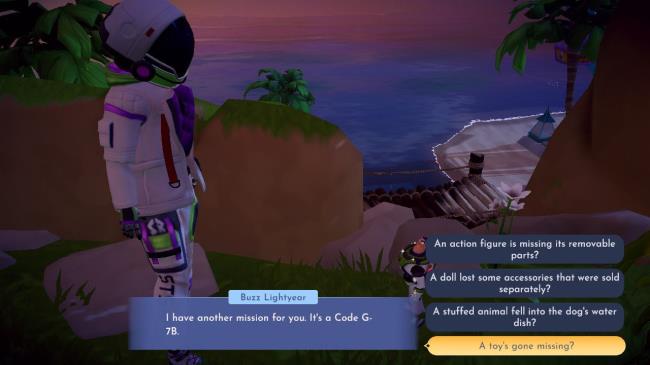 Avatar character talking to Buzz a<em></em>bout the missing aliens in Disney Dreamlight Valley