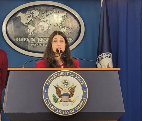 Kelly Razzouk, U.S. Natio<em></em>nal Security Council special assistant to the president and senior director for democracy and human rights, speaks during a press briefing at the Foreign Press Center in Washington on March 13, 2024. (Yonhap)